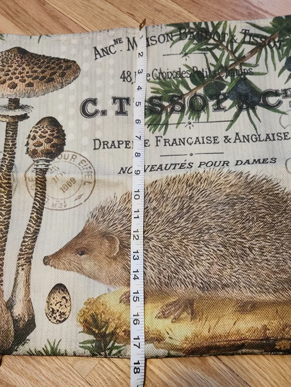 Vintage Look Botanical Hedgehog Square Pillow Cover with French Script